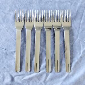 6 Pier 1 Metro Stainless Steel Dinner Forks Glossy Concave Handle Japan 7 1/8"